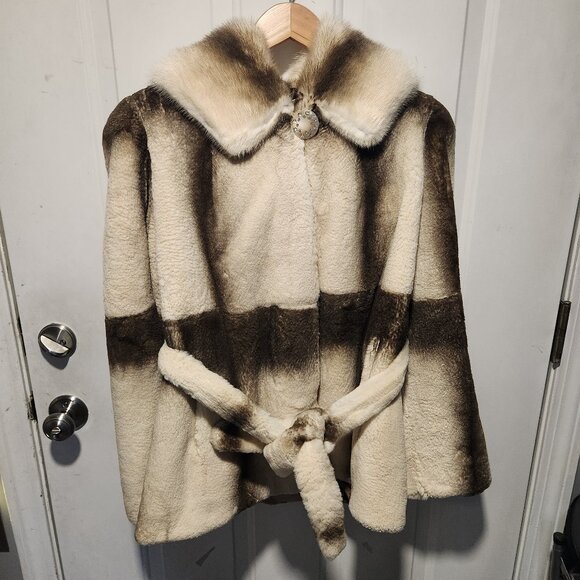 Womens Large Hooded Sheared Rex Rabbit Fur Jacket with Mink Fur Hood and Collar - Picture 2 of 11